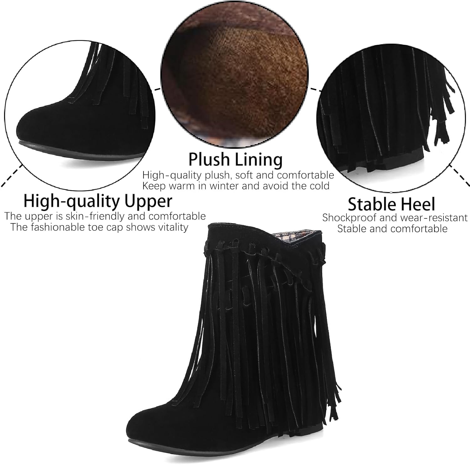 Women's Suede Tassel Fringe Flat Ankle Boots Sexy Pointed Toe Warm Fur Lining Pull-on Low Heel Internal Height Increase Moccasin Booties Fall Winter Outdoor Dress Mid Calf Boots