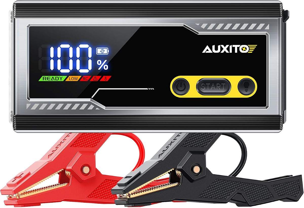Arrancador auxiliar de 6000 A, arrancador auxiliar de batería de coche de 12 V, motor diésel de hasta 12 l y todo a gasolina con pantalla LED, caja auxiliar portátil con linterna de 3 modos y cable auxiliar, estuche de almacenamiento