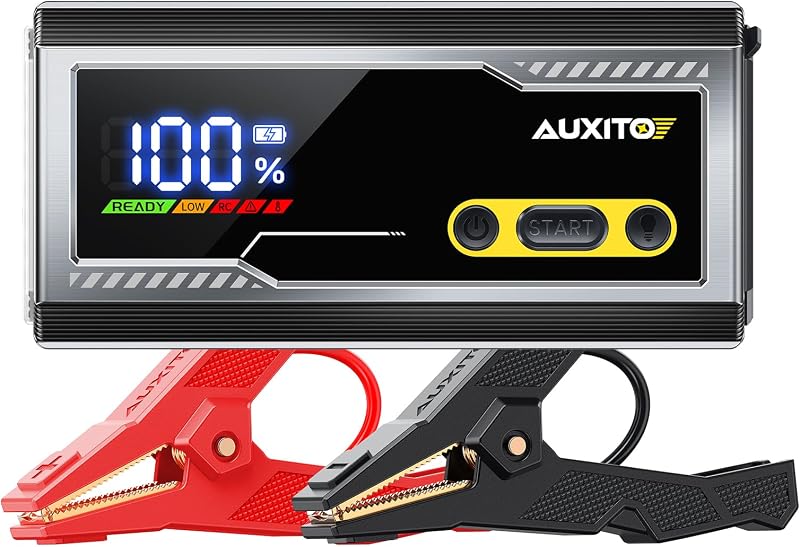 Arrancador auxiliar de 6000 A, arrancador auxiliar de batería de auto de 12 V, motor diésel de hasta 12 l y todo a gasolina con pantalla LED, caja auxiliar portátil con linterna de 3 modos y cable auxiliar, estuche de almacenamiento