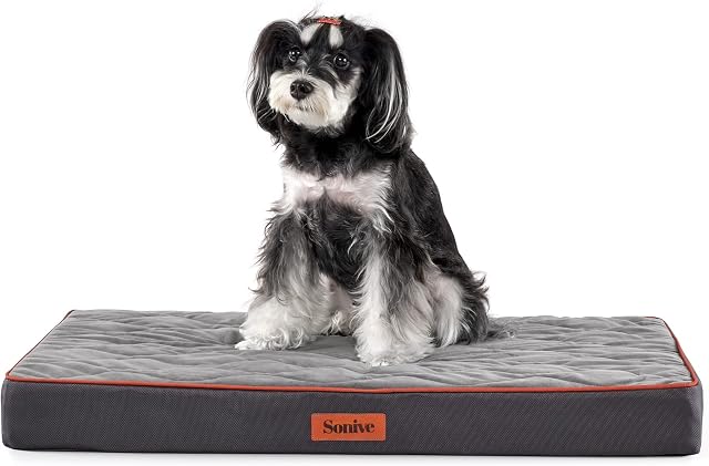 Sonive Medium Waterproof Orthopedic Egg Crate Foam Dog&Cat Bed Supportive Dog Bed Matt for Large Dogs Removable Washable Cover Oxford Fabric Bottom & Quilted Faux Velvet Top, Grey 76x51x8cm