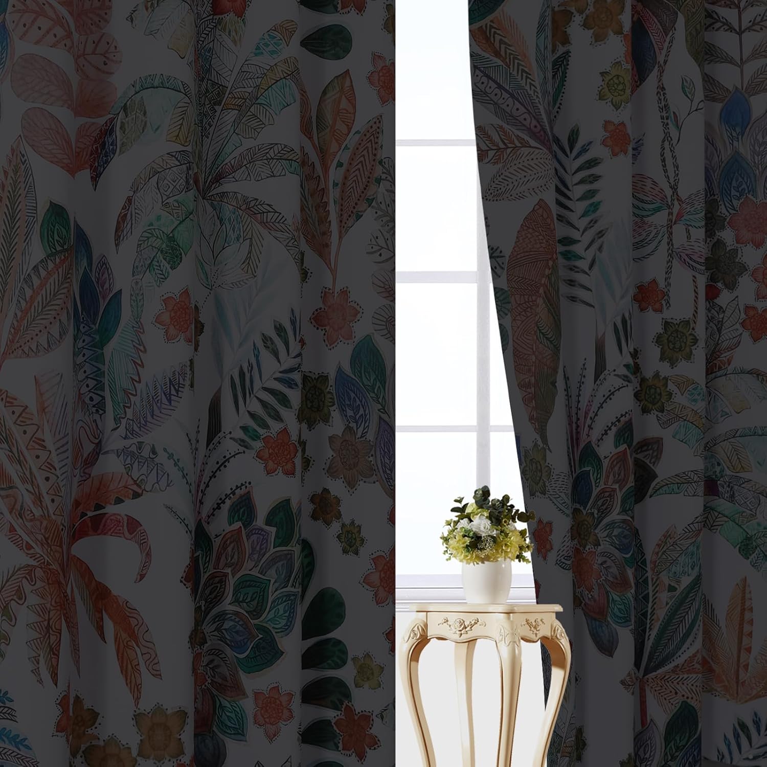 Estelar Textiler Maple Leaves Room Darkening Boho Curtains 84 inch Length 2 Panels Set for Living Room, Watercolor Leaf Pattern Design Grommet Window Floral Drapes for Bedroom, 52Wx84L