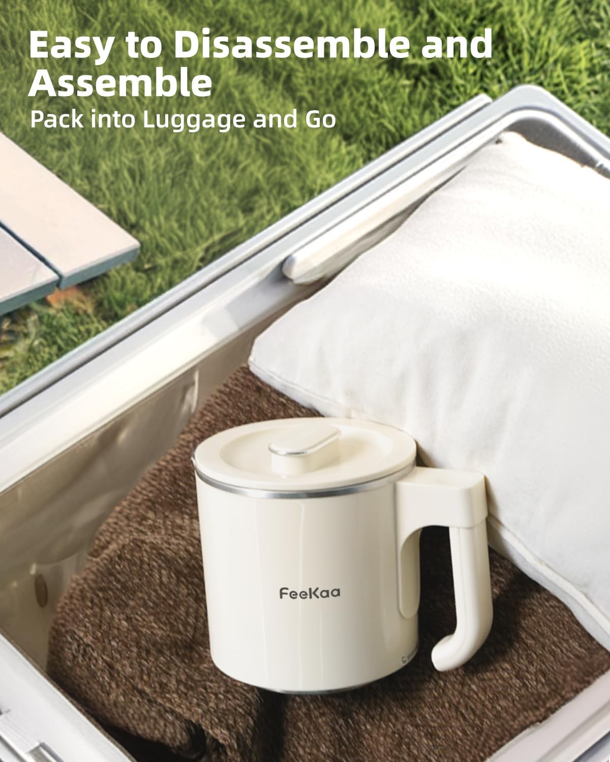 FeeKaa kettle in its collapsed state being placed into a suitcase, demonstrating its travel-friendly design.