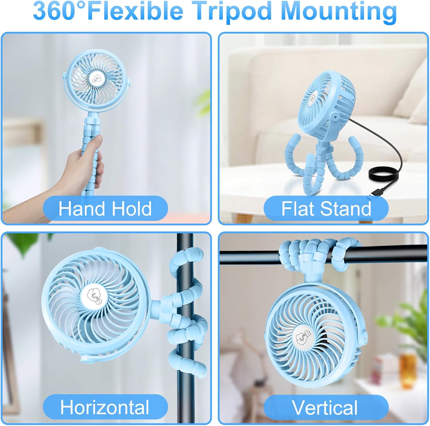 XIMU Stroller Fan, Mini Portable Personal Clip On Fan Handheld Desk USB Fan Battery Operated with 3 Speeds & Flexible Tripod for Car Seat Baby Crib Bike Camping Outdoor : Baby