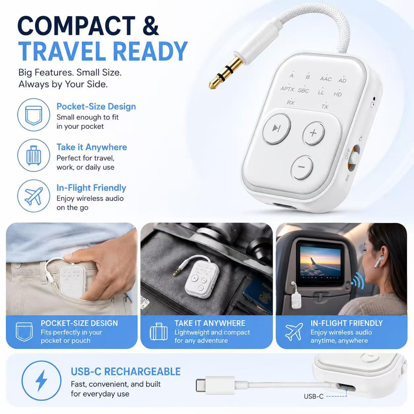 2026 Verbesserter Bluetooth 5.4 Senderempfänger, 2-in-1-Bluetooth-Adapter für Auto, Reisen, Flugzeug, unterstützt 2 AirPods/Kopfhörer, kabelloser Adapter mit aptX niedriger Latenz, lange