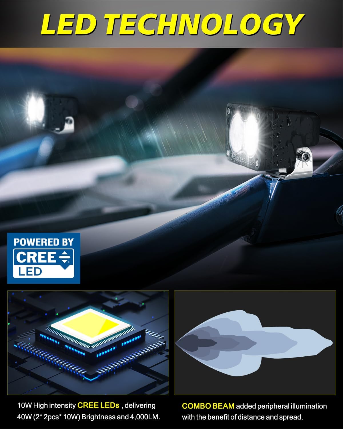 LED Pods with Wiring Harness & Black Covers 3" 40W CREE LED Ditch Lights Spot Flood Combo Offroad Driving Lights for Trucks Motorcycle SUV UTV ATV Dirt Bike