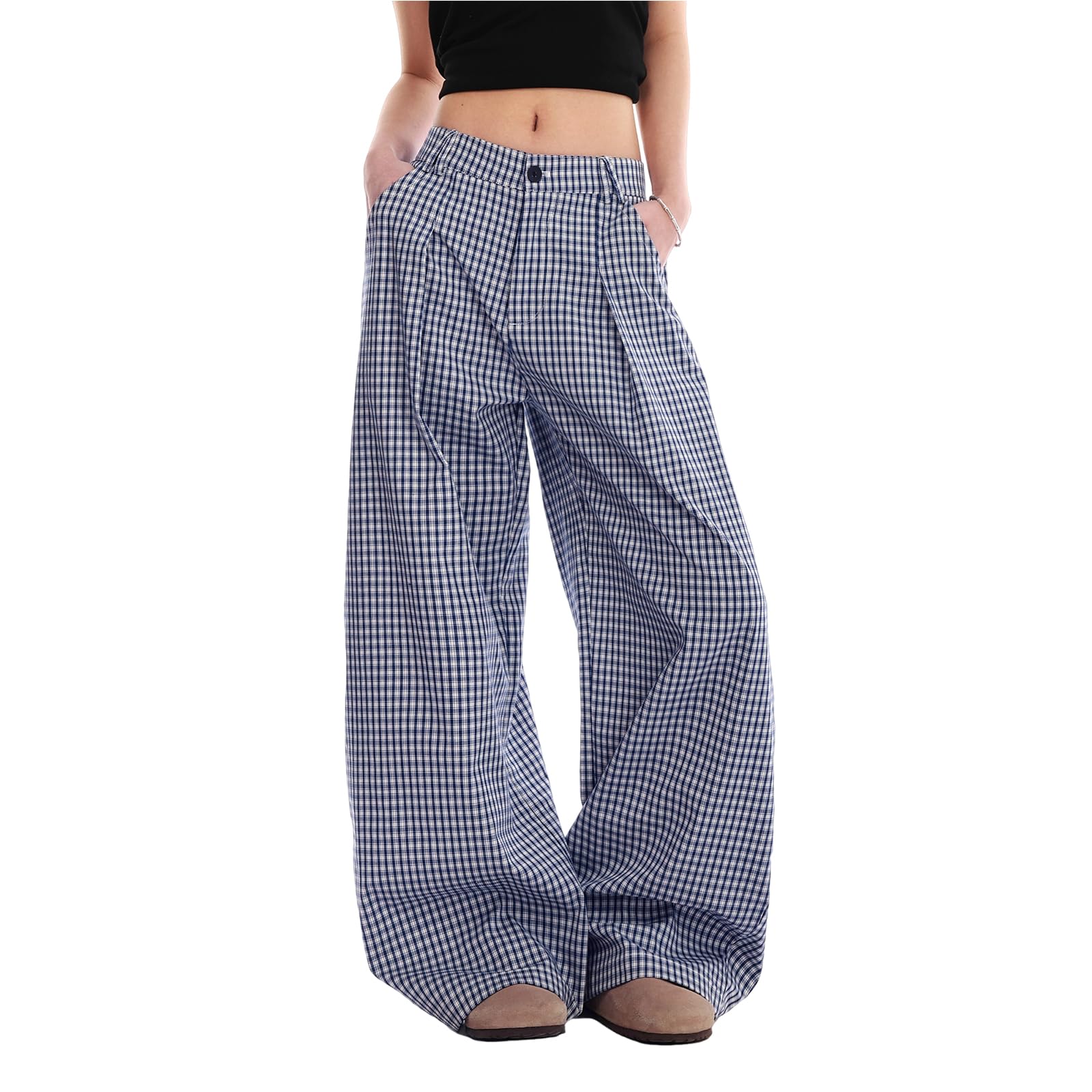 Womens Wide Leg Pants Plaid Lounge Pants High Waist Straight Casual Loose Checkered Trousers with Pockets