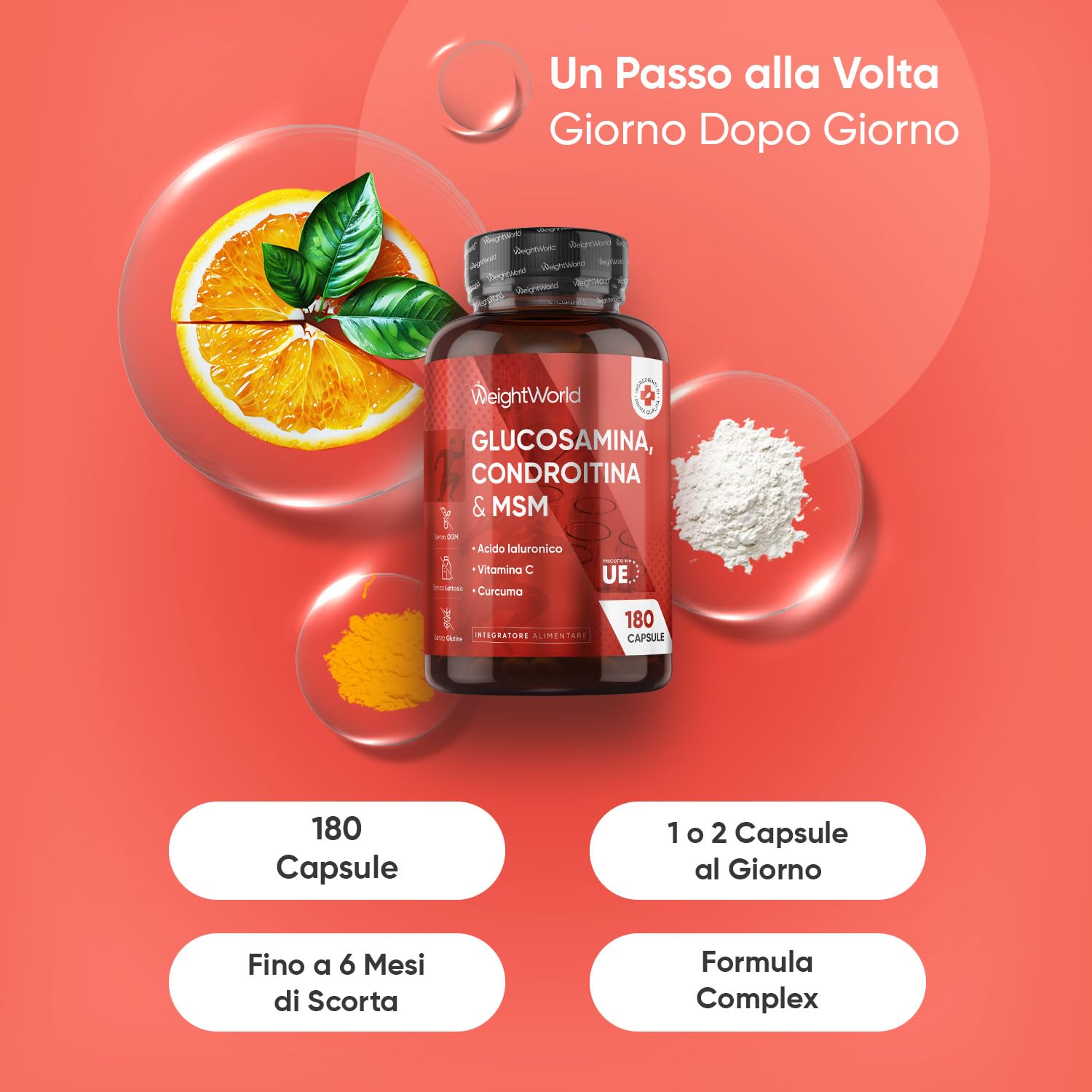 Glucosamina Condroitina MSM con Vitamina C, Acido Ialuronico e Curcuma, La Vitamina C Contribuisce alla Normale Formazione del Collagene per la Normale Funzione delle Ossa, 180 Capsule (per 6 Mesi)