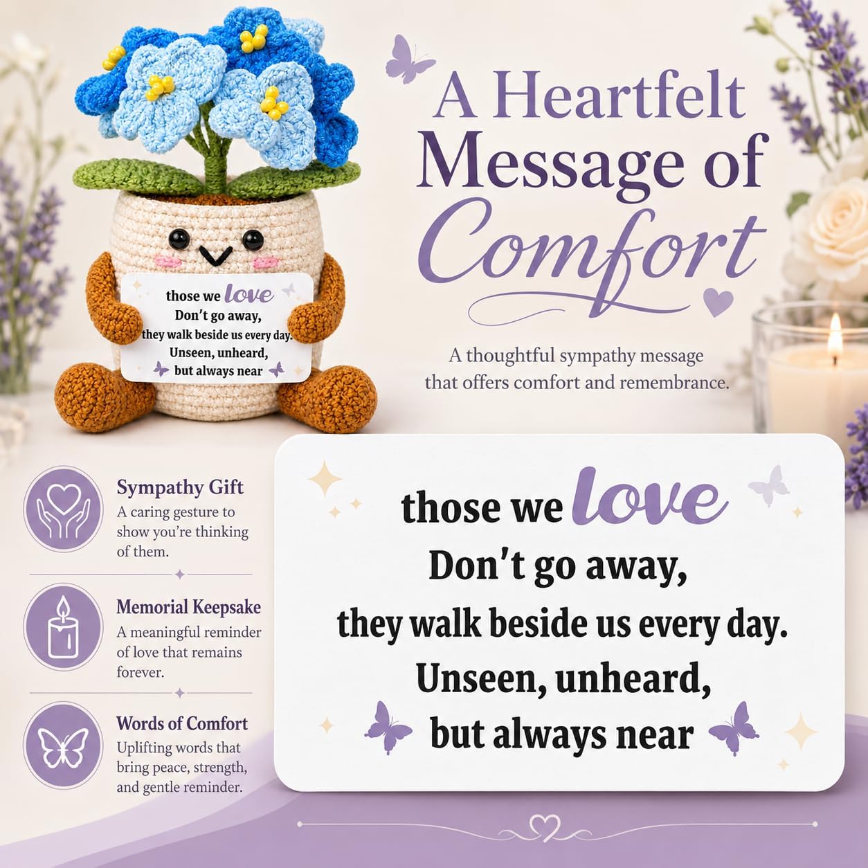 Handmade Crochet Forget Me Not Flower Potted Plant - Sympathy Memorial Gift for Loss of Loved One, Bereavement Grief Gift, Emotional Support Forever Flowers Desk Office Home Decor for Women Mom Friend