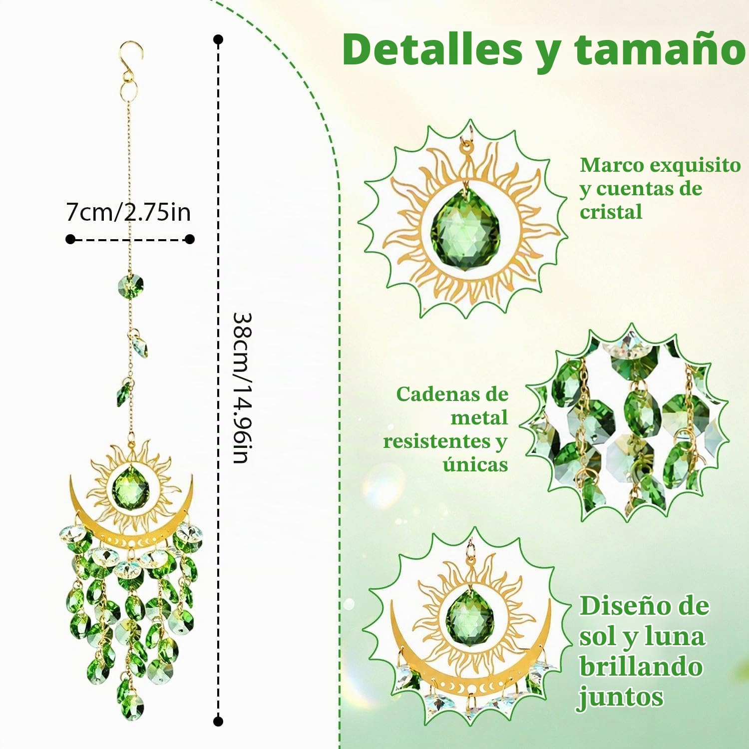 Atrapasueños Sol Luna Cristal Campanillas Viento Coloridas 38cm Verde | Prismas Colgantes Decoración Jardín Patio Techo Habitación Boho