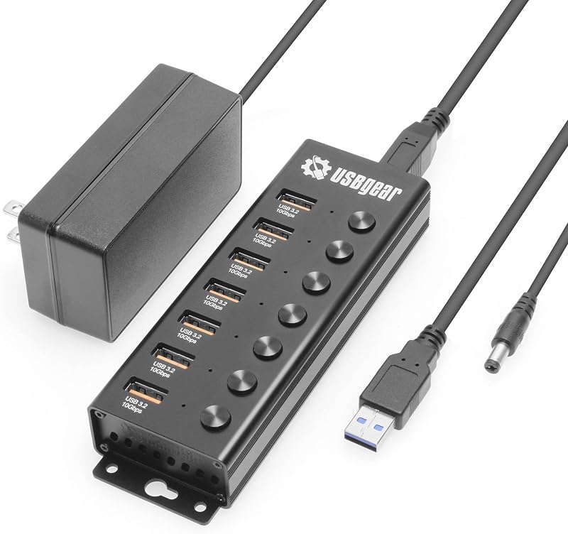 7 Port USB 3.2 Hub – 10Gbps 48W Charging Hub with Individual On/Off USB Ports for Laptop, PC, Desktop, 12V/4A Power Adapter with Type-A to Type-B Cable (3ft), Computer Accessories