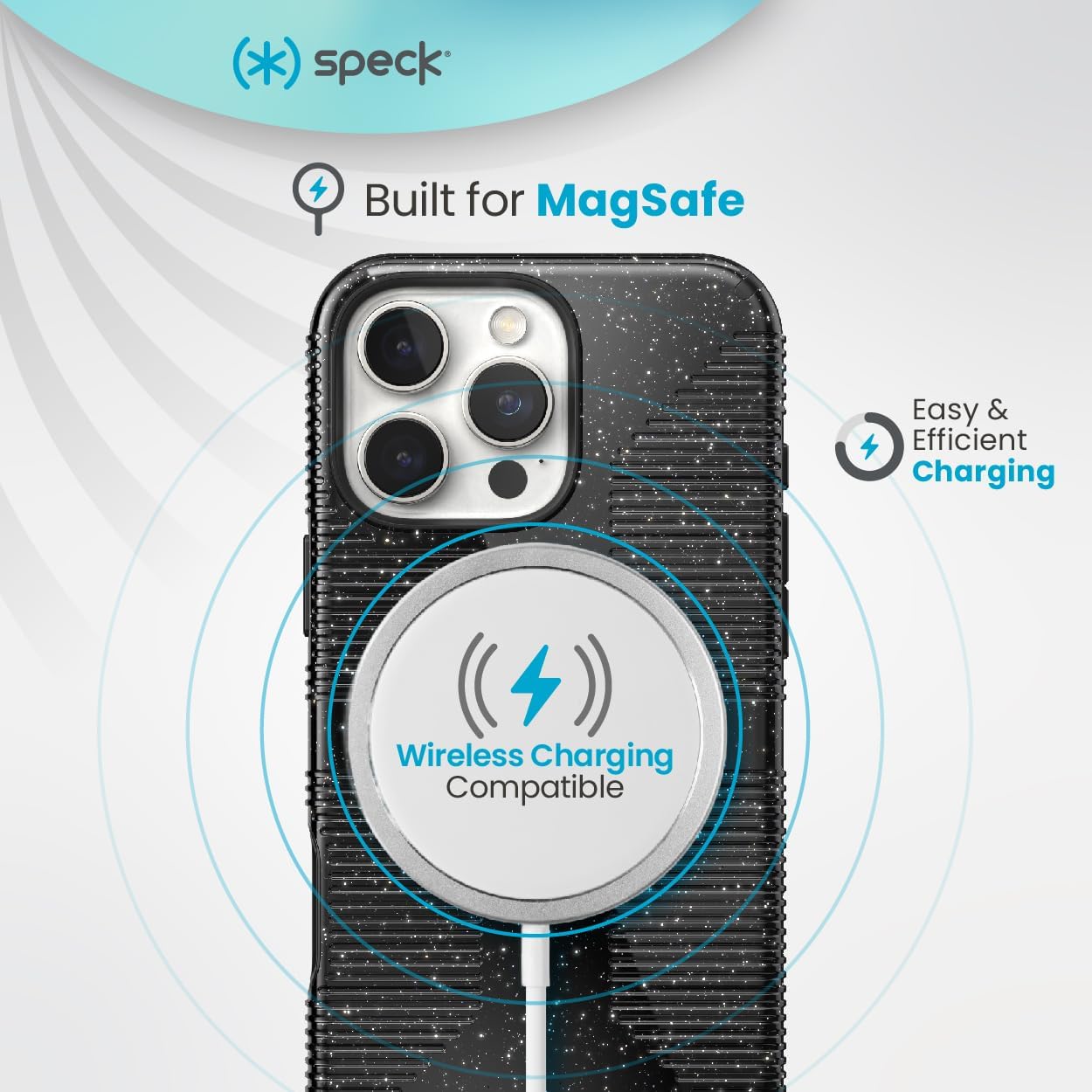 Speck CandyShell Grip Case iPhone 16 Pro - Slim MagSafe - Black Glitter/Steel Black