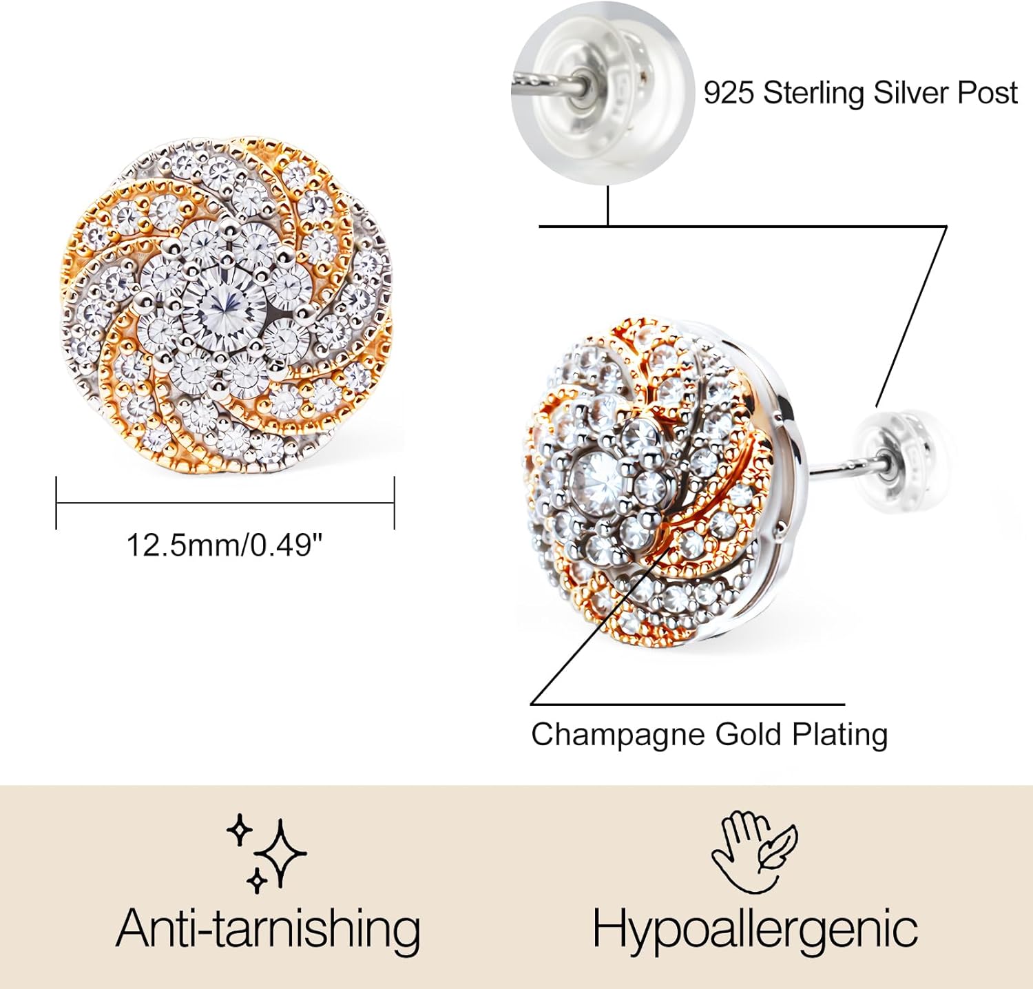 18K Gold Plated Cubic Zirconia Stud Earrings for Women Men, Small Two-Tone White and Yellow Gold Earrings, Hypoallergenic Sterling Silver Stud Earrings for Sensitive Ears (with LED Velvet Box)