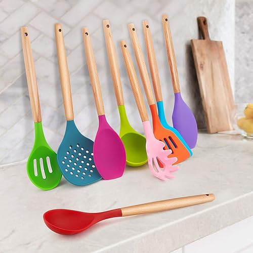 Miniatura 4 de LIANYU Juego de utensilios de cocina de silicona de 15 piezas con soporte, herramientas de cocina con mango de madera, incluye espátula, pinzas,