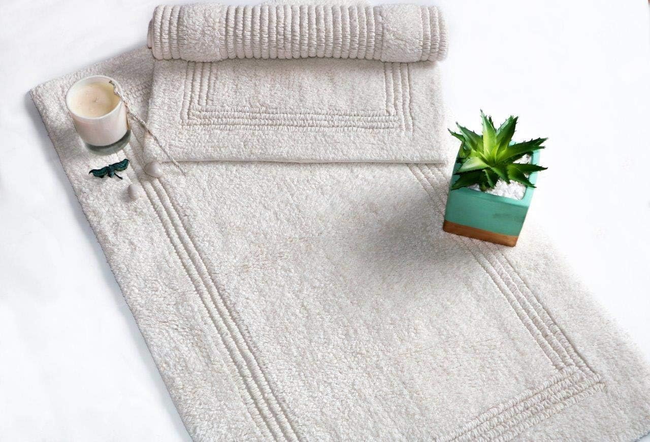 WOVEN ST. Reversible Luxury Cotton Bath Rug Floor mat for Spa Vanity Shower Soft Machine Washable Bath Rug for Bathroom/Kitchen Water Absorbent Bedroom Area Rug (Ivory Lewis, 17"x24" + 21"x34")