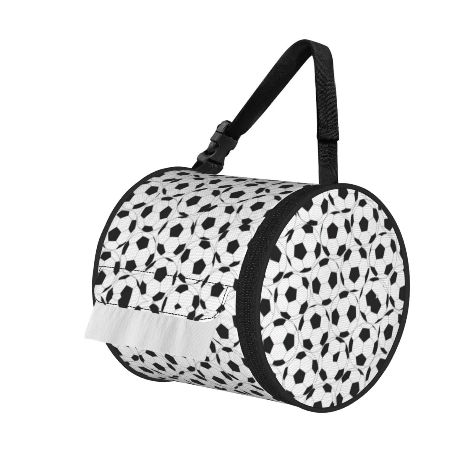 Black and White Soccer Ball Pattern Printed Hanging Tissue Organizer, Smooth Zipper Oxford Cloth Roll Holder for RV Bathroom Desk