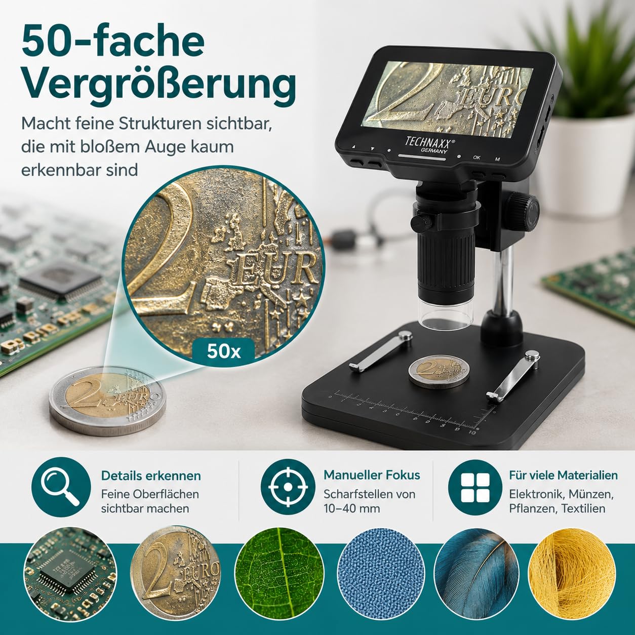Technaxx Mikroskop Digital mit 50x Vergrößerung, 4,3 Zoll IPS Display, 8 LED Beleuchtung, Foto&Video Aufnahme, USB PC Verbindung, Tragbares Digitalmikroskop für Münzen, Elektronik & Pflanzen – TX-277