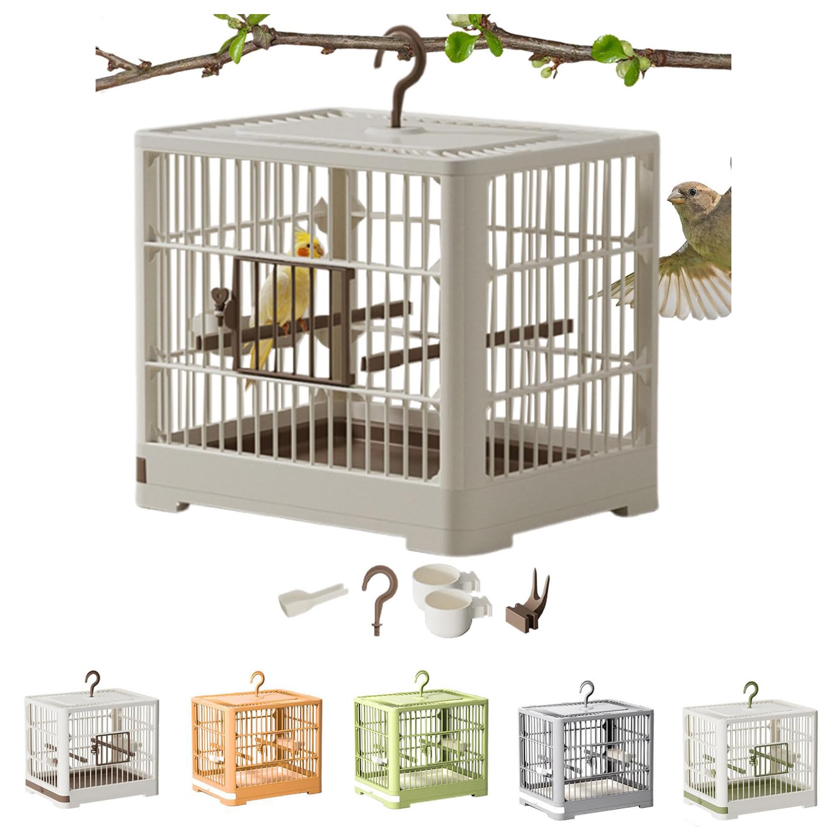 Cage de transport pour petits oiseaux, portable, légère, avec perche sur pied, pour perroquets, perruches, calopsittes, inséparables, plateau amovible et poignée à crochet (blanc et marron)
