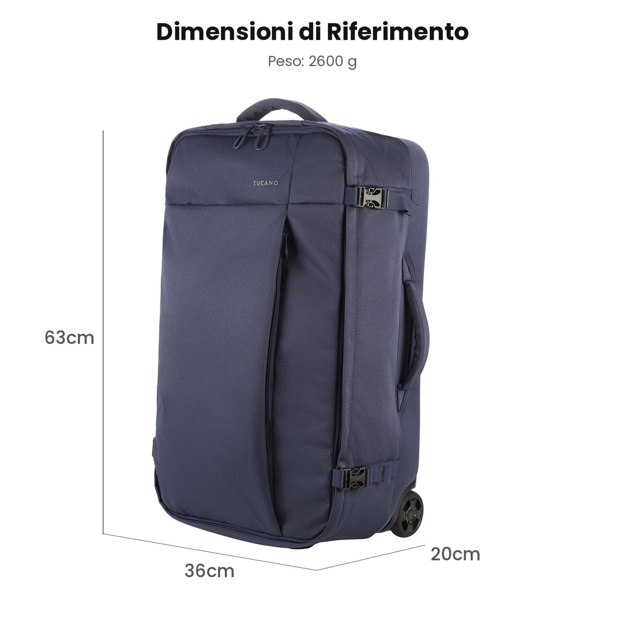 Tucano, Tugò Trolley Valigia Media da Stiva 36x63x20 cm, Trolley Medio con Tasche Frontali, Ruote Silenziose e Maniglia Telescopica, 45L, Blu