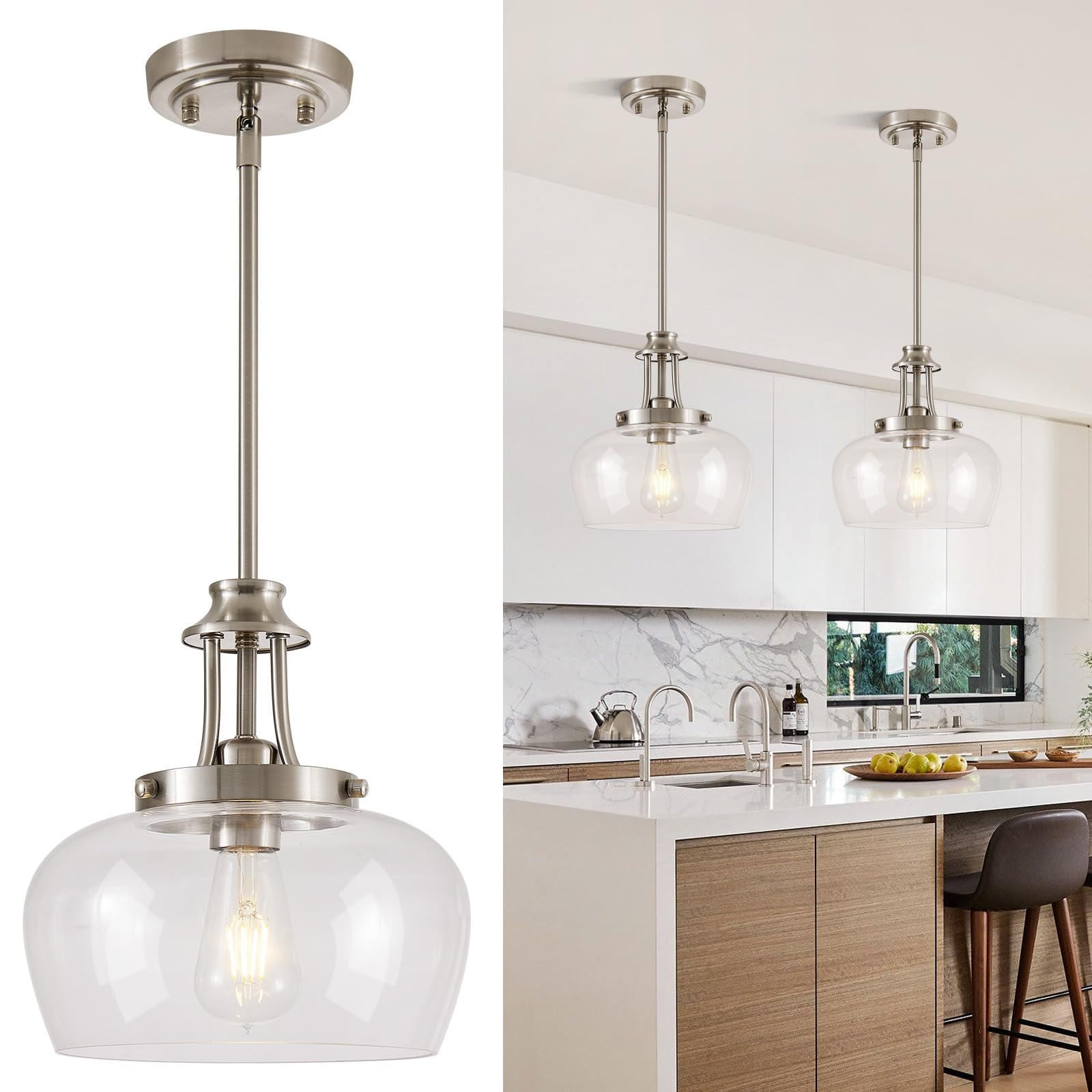 Photo 1 of UnicozoHome Pendant Light, Brushed Nickel, 10" Clear Glass