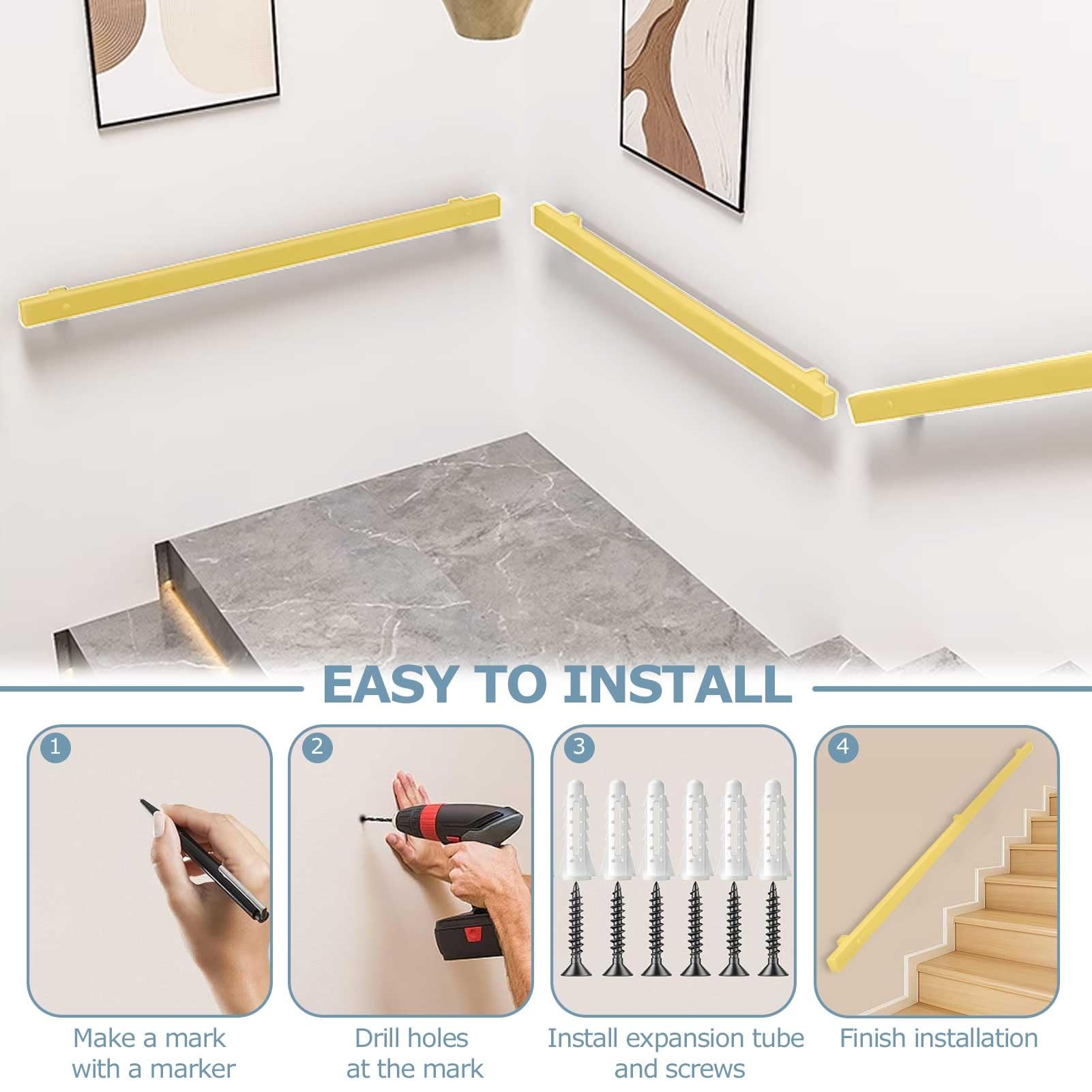 Pasamanos de escalera para paredes, barandilla de barandilla de hierro forjado dorado para soporte de montura de pared al aire libre y interior, barra de agarre de escalera sin deslizamiento(570cm)