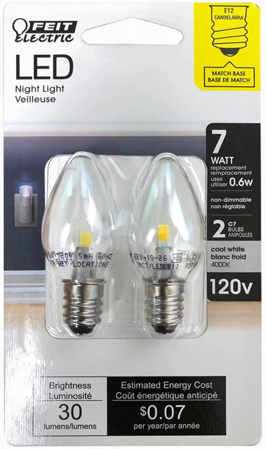Feit Electric BPC7/LED 0.6 Watt Non Dimmable C7 Candelabra Base, Clear, LED Night Light Bulb, 2-Bulb, 4000K Cool White