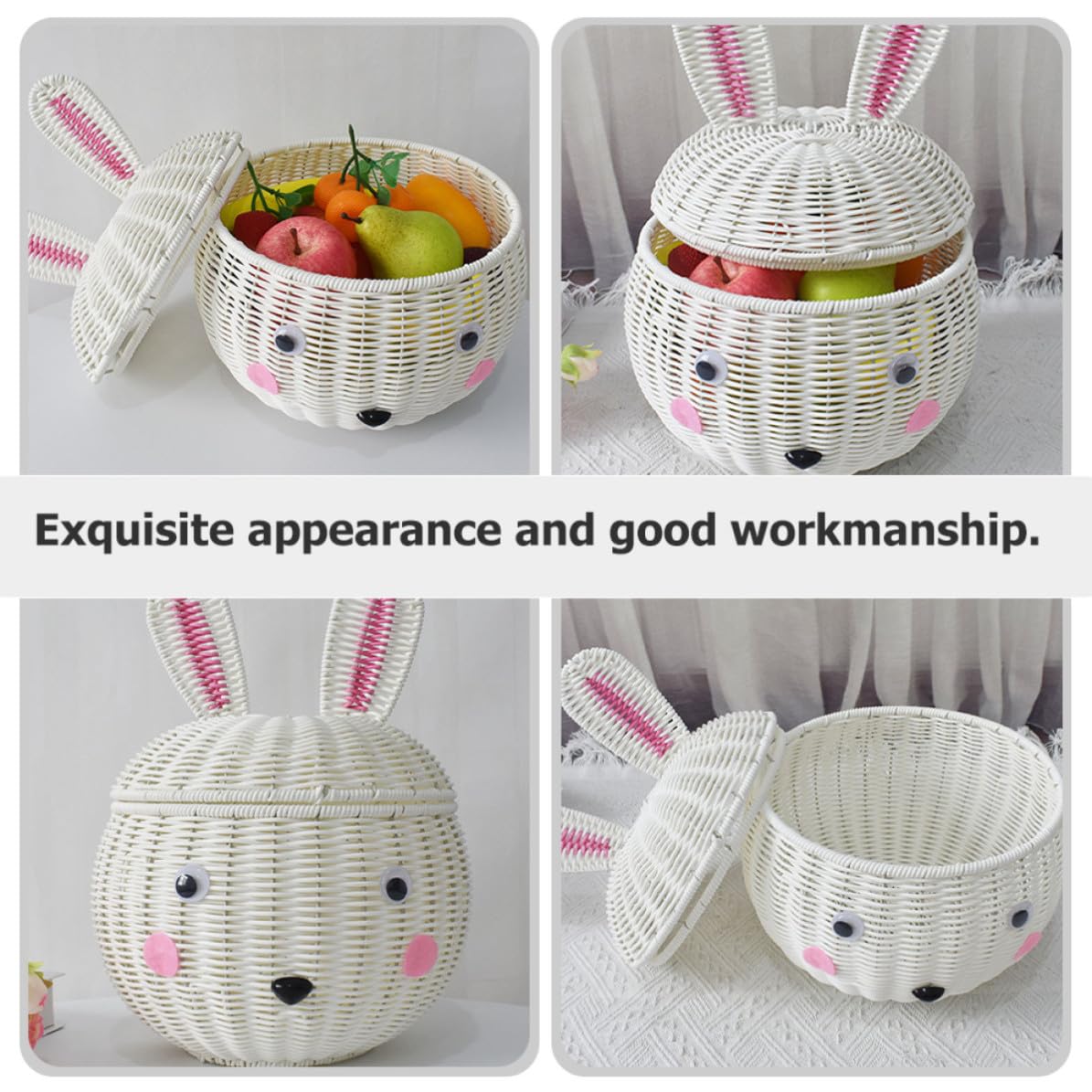 Uonlytech Cesta de Ratán para Guardar Frutas y Juguetes Forma de Conejo de Dibujos Animados Cesta de Almacenamiento Material Pp Resistente y Estable para Cocina y Hogar