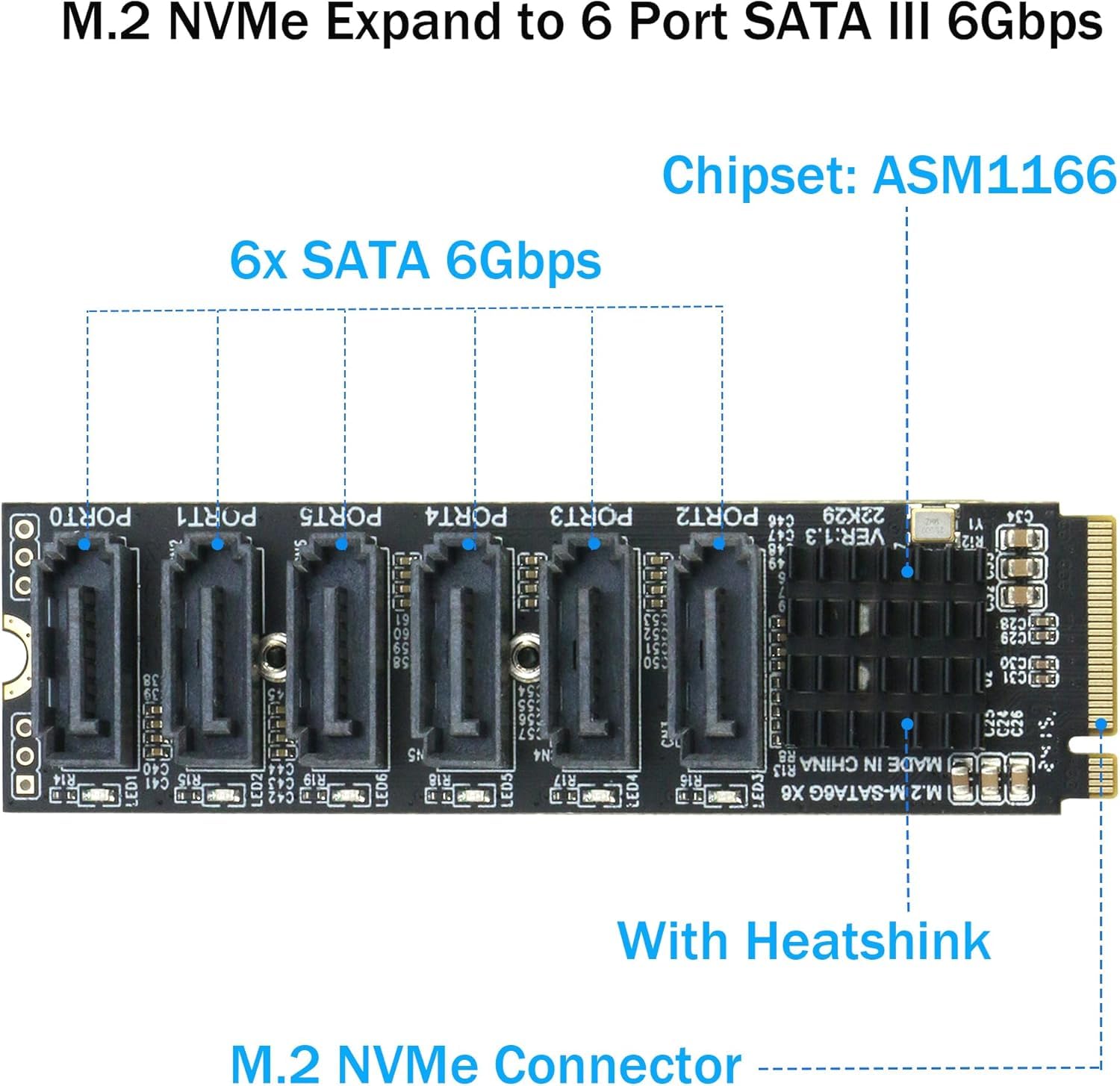 Scheda adattatore M.2 a SATA 3.0 [6 porte], RIITOP M.2 NVMe a 6 porte SATA III adattatore scheda di espansione 6 Gbps con chipset ASM1166