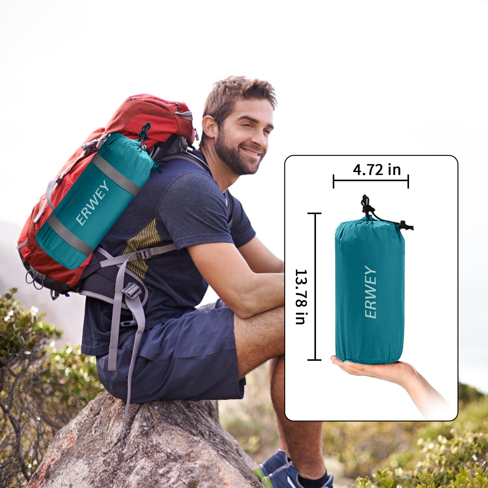 ERWEY Esterilla Camping Autoinflable Doble 200 x 135 cm, 10 cm Colchón Hinchable de Aire Ultraligero Inflable Adecuado para acampadas, Viajes, Actividades al Aire Libre y Uso en la Playa, Azul Pavón