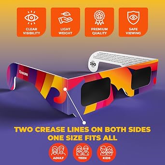 Solar Eclipse Glasses Approved 2026, (10 Pack) CE and ISO Certified Solar Eclipse Observation Glasses, Safe Shades for Direct Sun Viewing, Bonus Smartphone Photo Filter Lens, colorful wave design