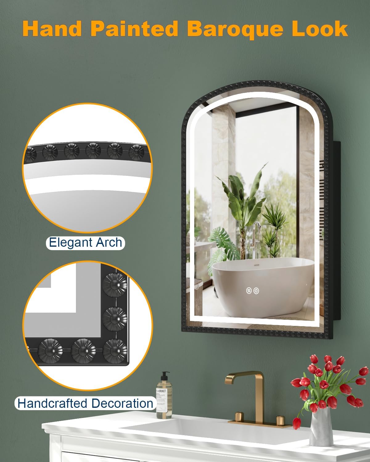 20" x 28" Black LED Bathroom Medicine Cabinet Mirror, Lighted Medicine Cabinets with Mirrors and Storage Wall Mount & Recessed, Dimmable 3 Lighting Colors and Anti-Fog, 1 Organizer, Daisy Beaded Frame