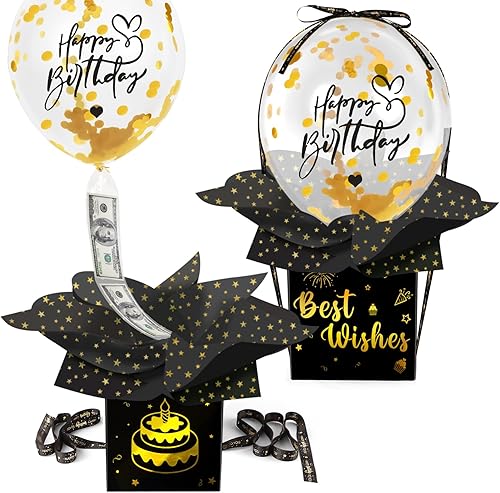 Miniatura 1 de jixsloft Juego de 2 cajas de dinero de cumpleaños para regalo en efectivo, divertida caja de globos de dinero para tirar de feliz cumpleaños,