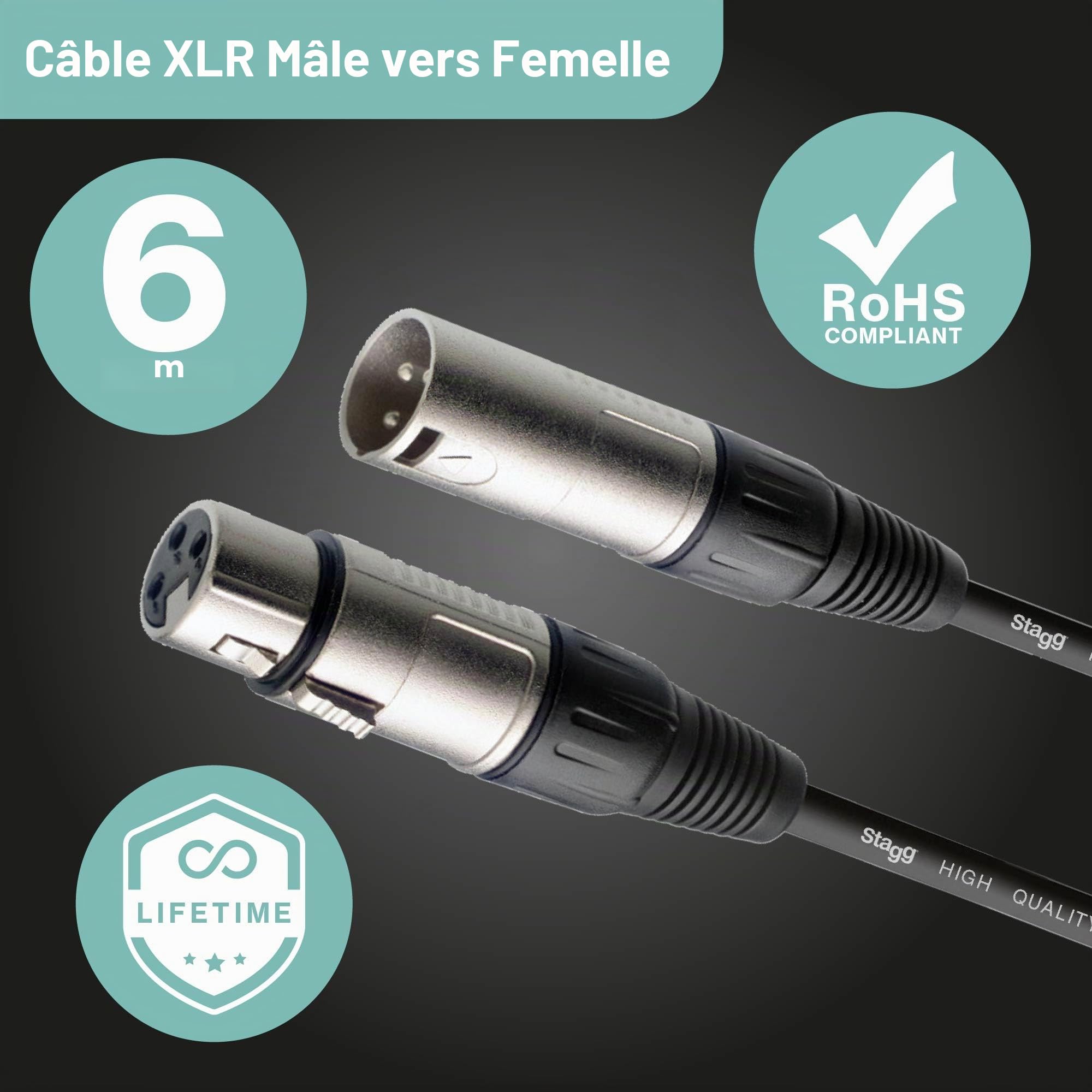 Stagg Câble microphone de haute qualité XLR vers prise XLR, 6 m, noir