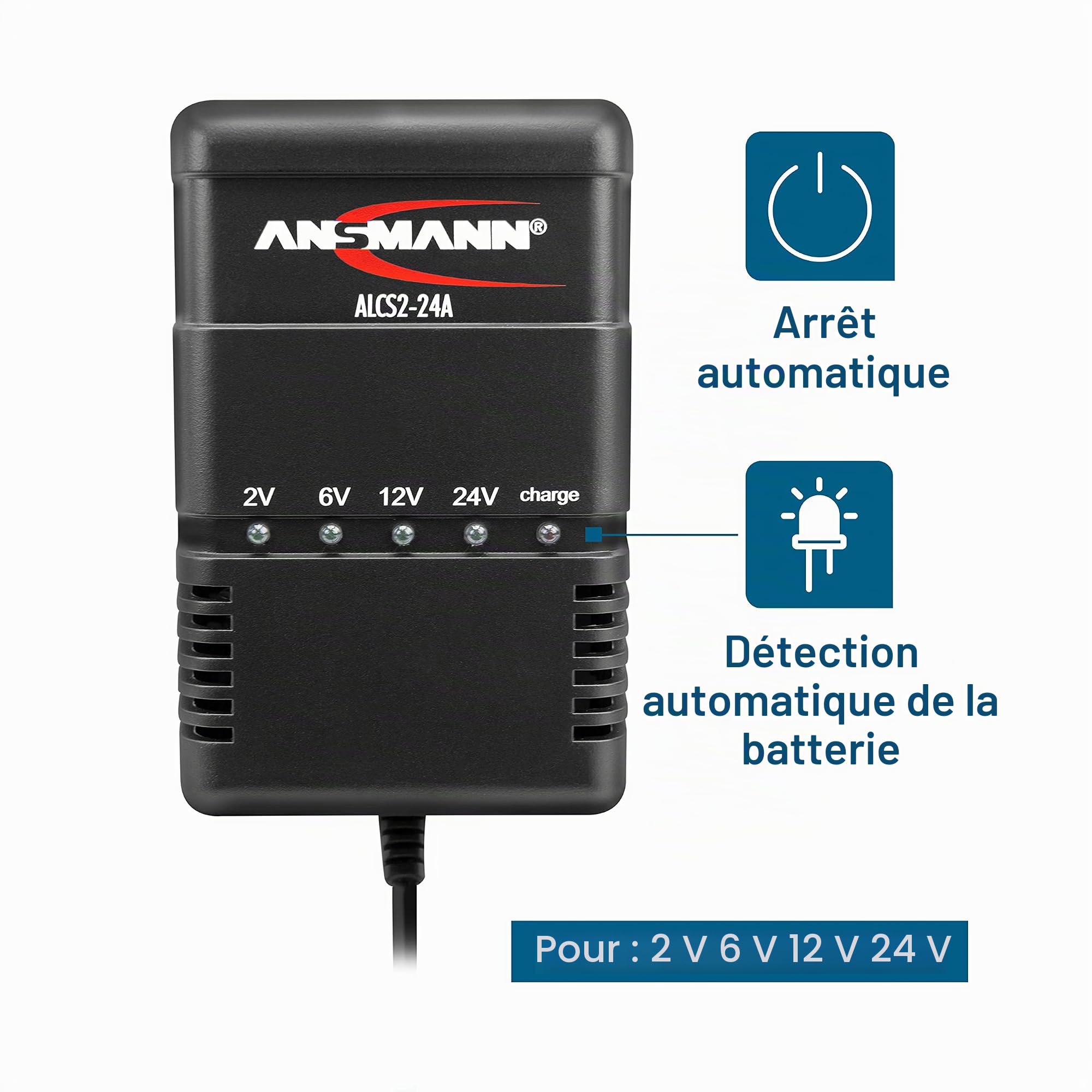 ANSMANN ALCS 2 - 24A Chargeur pour batteries au plomb (1 pce) – Station de recharge pour batteries de voiture, moto, bateau, tondeuse de jardin, etc. – Chargeur 2V à 24V livré avec 2 pinces croco