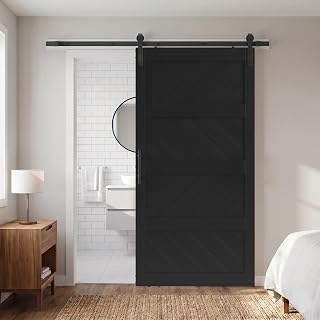 42x84in Black Sliding Barn Door Hardware Kit, Modern Paneled Wave Design | Solid Core Sliding Barn Door with Waterproof PVC Surface,Suitable for Bedroom,Living Room,Bathroom,Closet