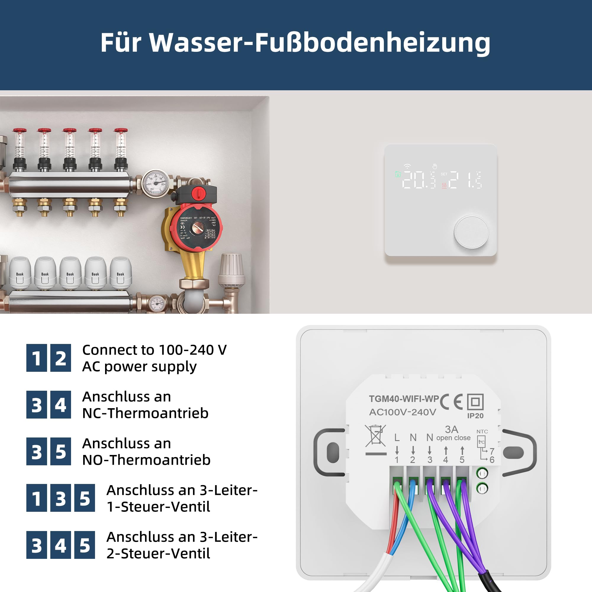 Beok Fussbodenheizung Thermostat Digital, WiFi Wasser Fußbodenheizung Smart Raumthermostat Tagesprogramm Kompatibel mit Alexa Tuya APP Steuerung 3A 230V Weiß mit Drehregler