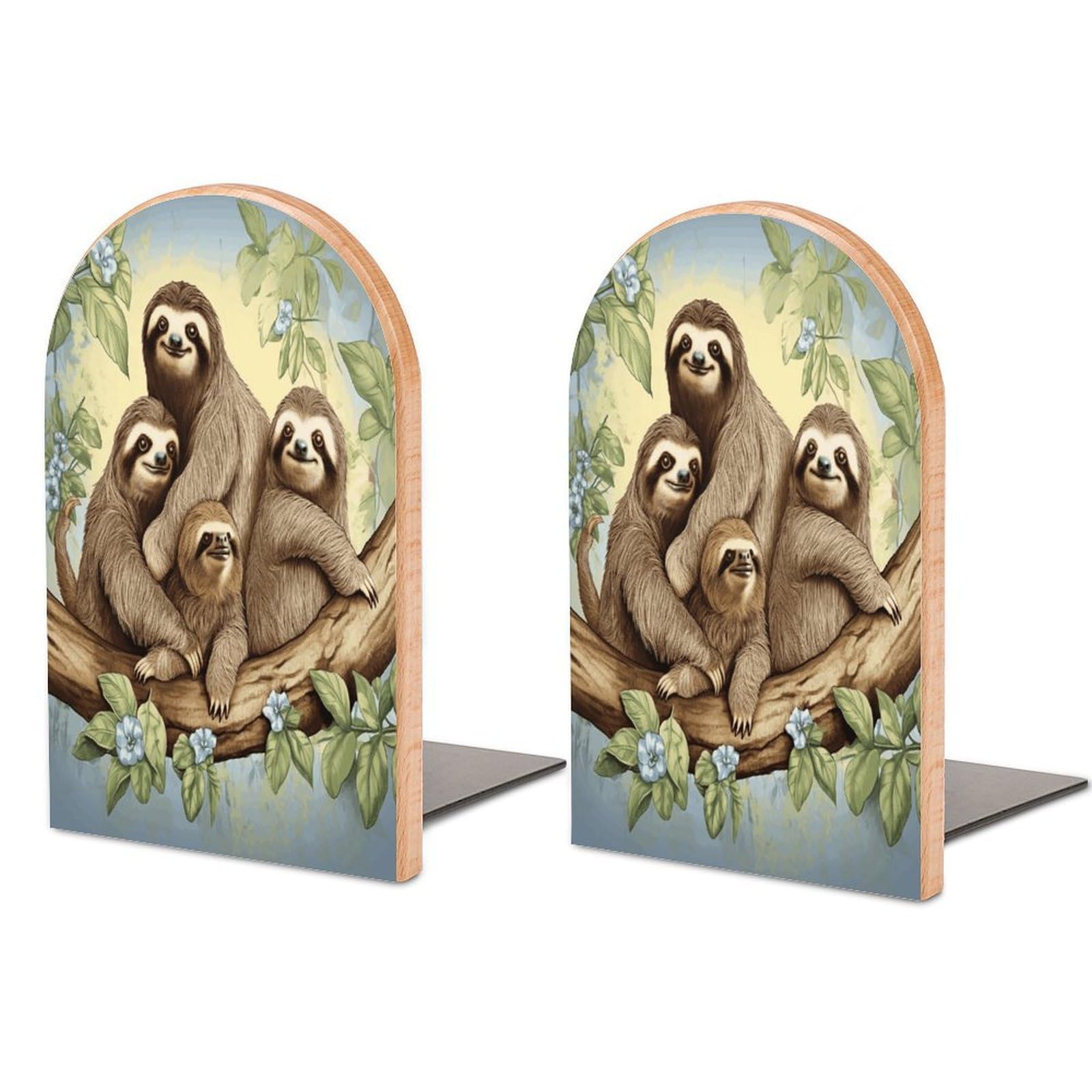 Sloth Family Bookend Wood Book End for Shelves Heavy Duty Non-Slip Wooden Bookend Support Universal Economy Bookends Fancy Modern Decorative Book Accessories 1 Pairs