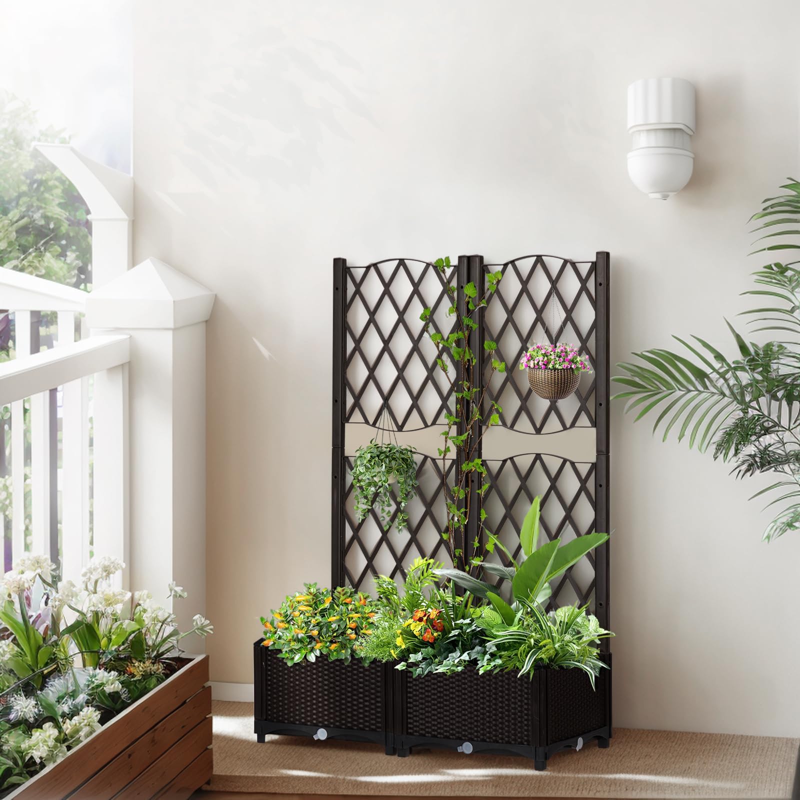 48" Outdoor Garden Flower Standing Planter Box,Plastic Raised Garden Bed,Vertical Flower Pot Stand,Vegetables Growing Planter Bed,with Drainage Holes,for Patio Lawn Yard Porch Balcony (Brown)