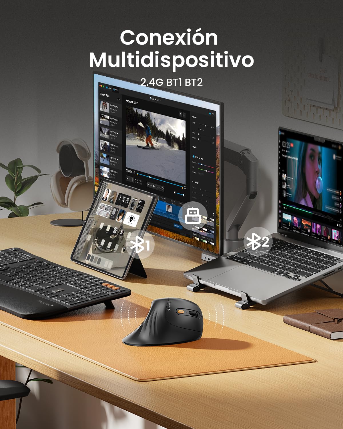 ProtoArc Ratón Ergonómico, EM11 NL Inalámbrico Mini Vertical Ratón óptico Recargable con 3 Puertos de Dispositivo (2*Bluetooth y USB), 3 dpi Ajustables para Ordenador, iPad, Mac, Windows - Negro