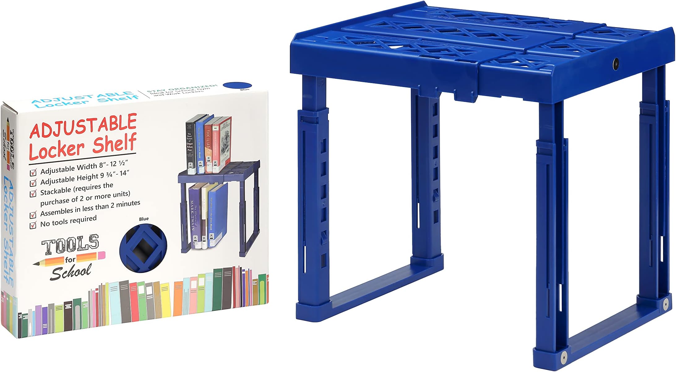 Adjustable Locker Shelf Strong ABS Plastic - Width Adjusts from 8"-12.5" & Height Adjusts from 10"-14" - Patented Design - Beware of imatations - (Blue)