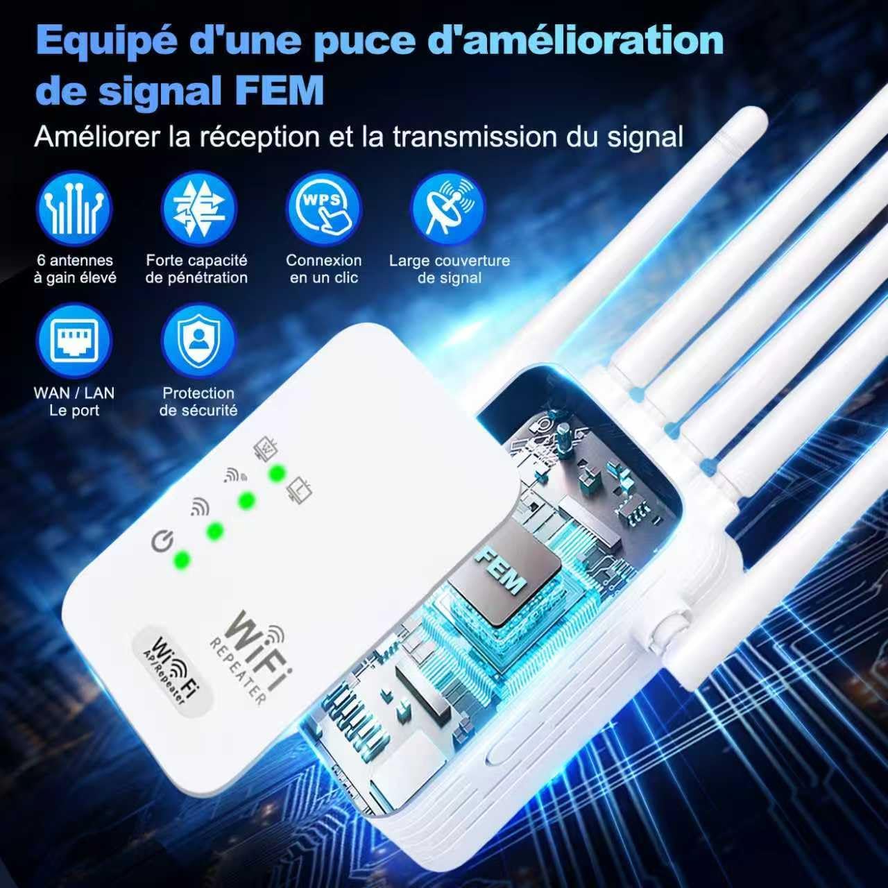 Repeteur WiFi Puissant, Amplificateur Répéteur WiFi 6 Dual Band,repeteur WiFi Puissant avec 6 Antennes Puissantes, 2 Ports LAN,repetiteur WiFi Puissant sans Fil