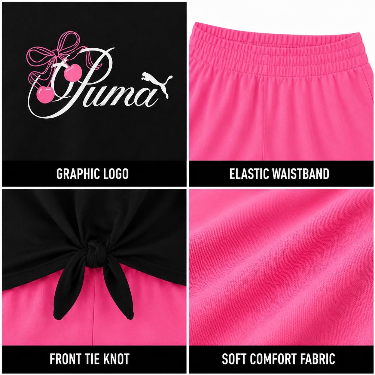 PUMA Girls Athletic Shorts Set - 2 Piece Active Performance TShirt and Gym Bike Kids Shorts Girls Activewear Set (7-14)