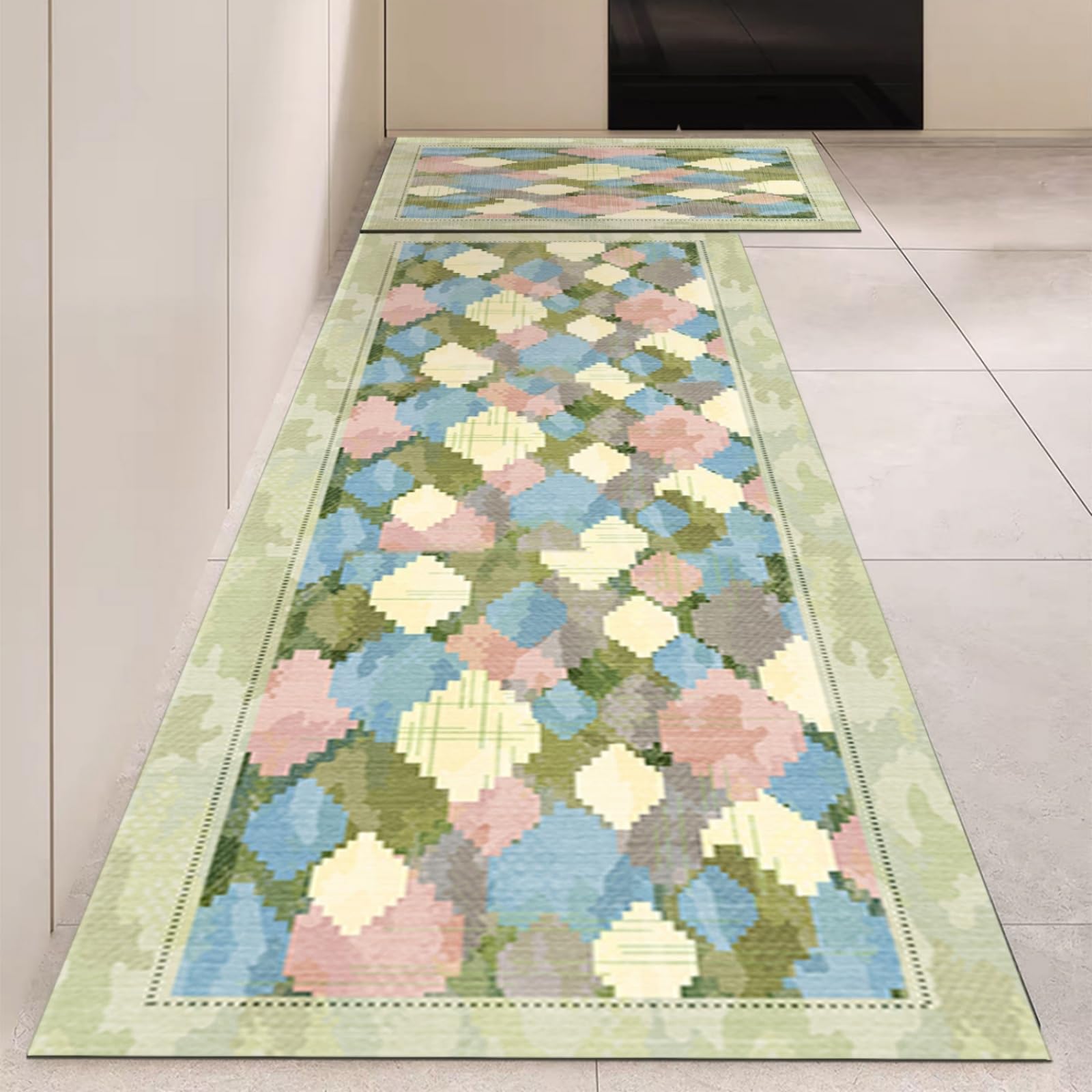 Tappeto Cucina 40X60Cm+40X120Cm Verde Rosa Tappeto Cucina Antiscivolo Lavabile Set Di 2 Pezzi,Tappetino Multiuso In Pelle,Comodità E Resistente,Per Ingresso,Camera,Bagno