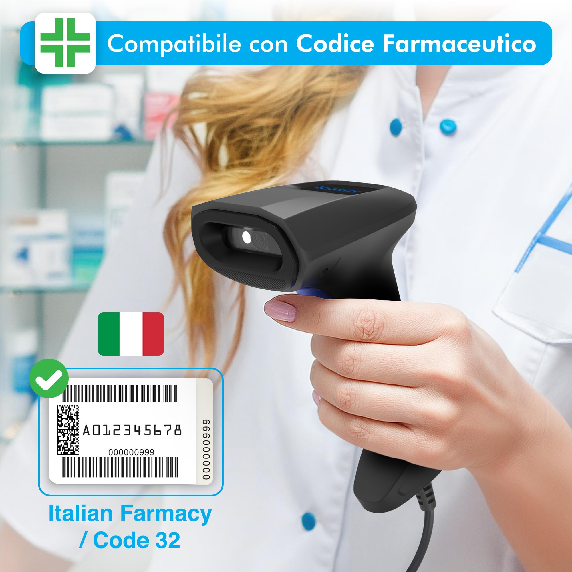 Atlantis A08-LD190-2D Lettore Codici a Barre Barcode reader scanner 1D e 2D Ottico (640x480), 60fps, legge da smartphone e display, codice farmaceutico, collegamento USB, guida rapida.