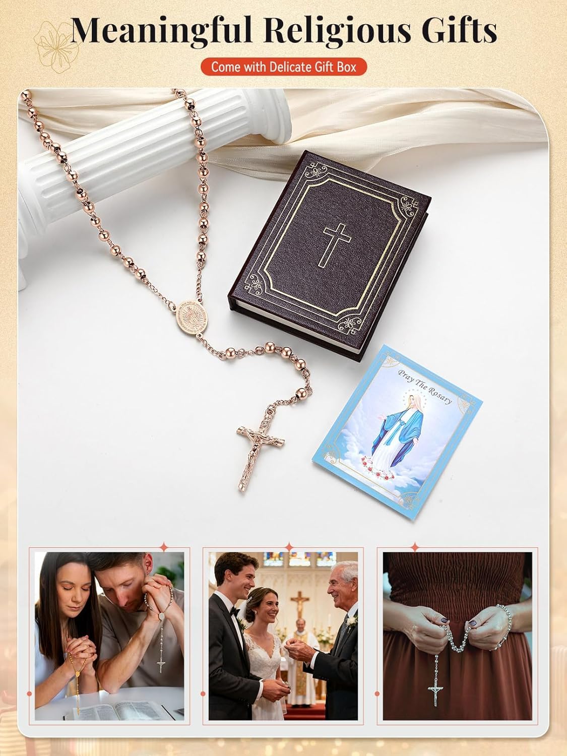 FaithHeart Virgin Mary Rosary for Women, Gold/Silver/Rose Gold/Black Stainless Steel Rosary Necklace for Women Dainty Catholic Gifts with Pray Card and Gift Box