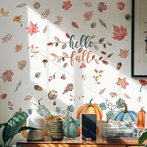 Miniatura 9 de Calcomanías de pared de 39.37 x 35.43 pulgadas, diseño de otoño y calabaza, arce, calcomanías de pared extraíbles para otoño, vacaciones, hogar,