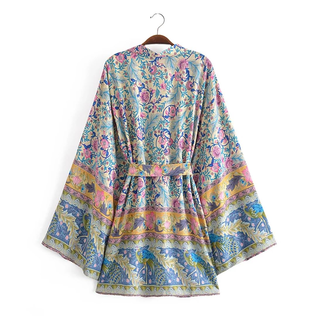 Disimlarl Kimono da spiaggia con stampa a pipistrello, da donna, con scollo a V, in cotone, corto, copricostume
