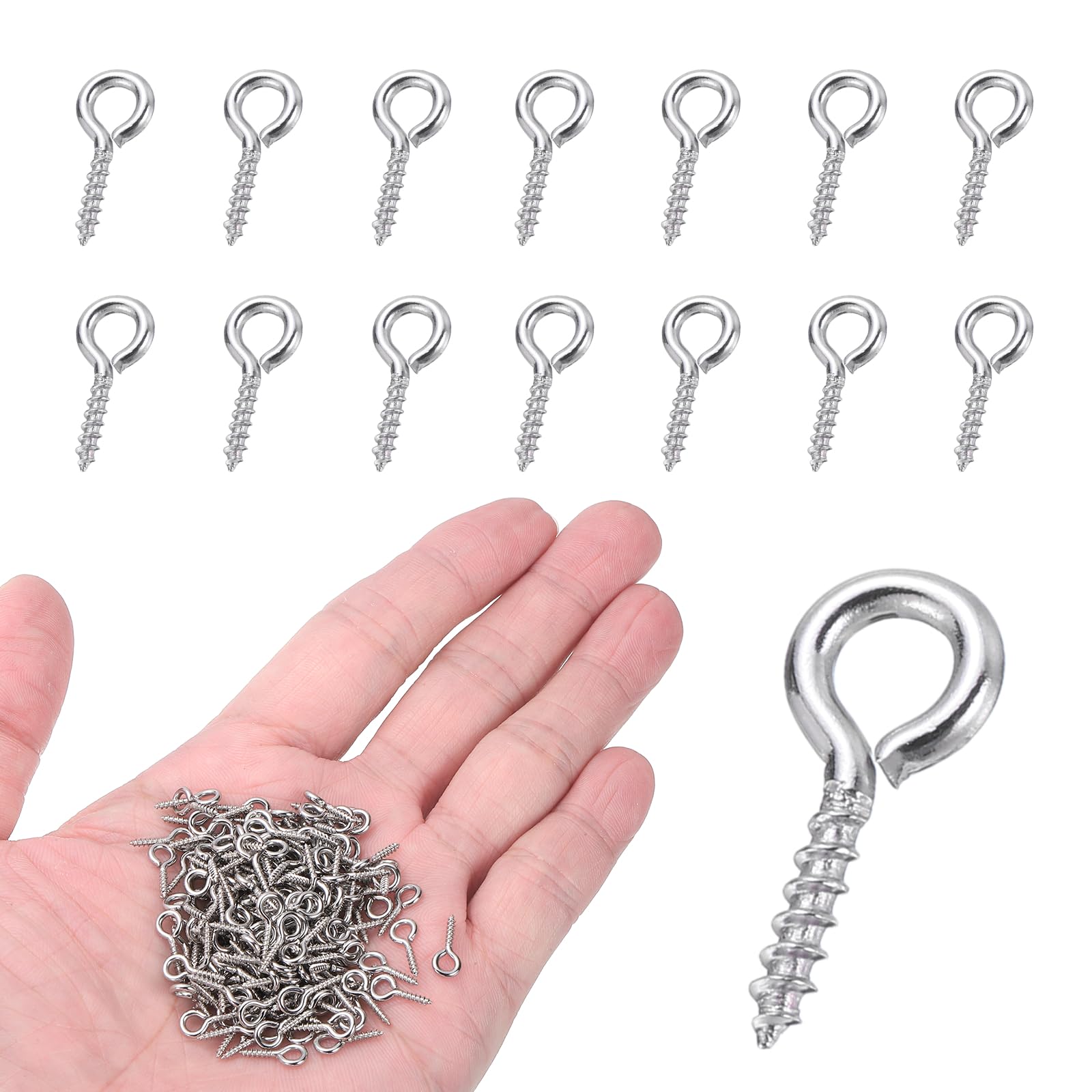 sourcing map 200Pcs Screw Hooks Eyes, M1.2x12mm 304 Stainless Steel Small Eye Bolts Screw, Self Tapping Eye Bolts Closed-End for DIY Handwork Wooden Clay Pendants Cork Bottles, Silver Tone