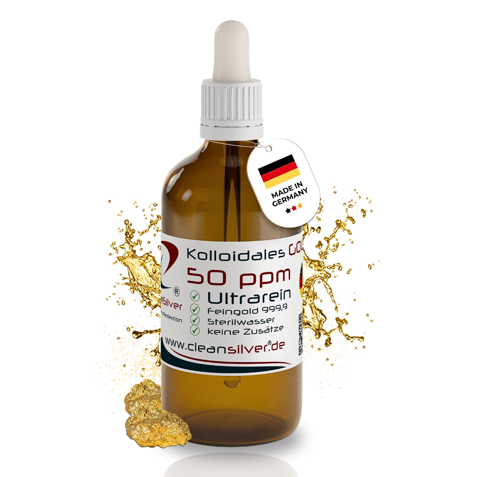 CleanSilver Kolloidales Gold 50 ppm, 100ml mit Pipette - Ultrarein: Sterilwasser und Feingold 99,99% - Made in Germany – stets frisch, keine Lagerware