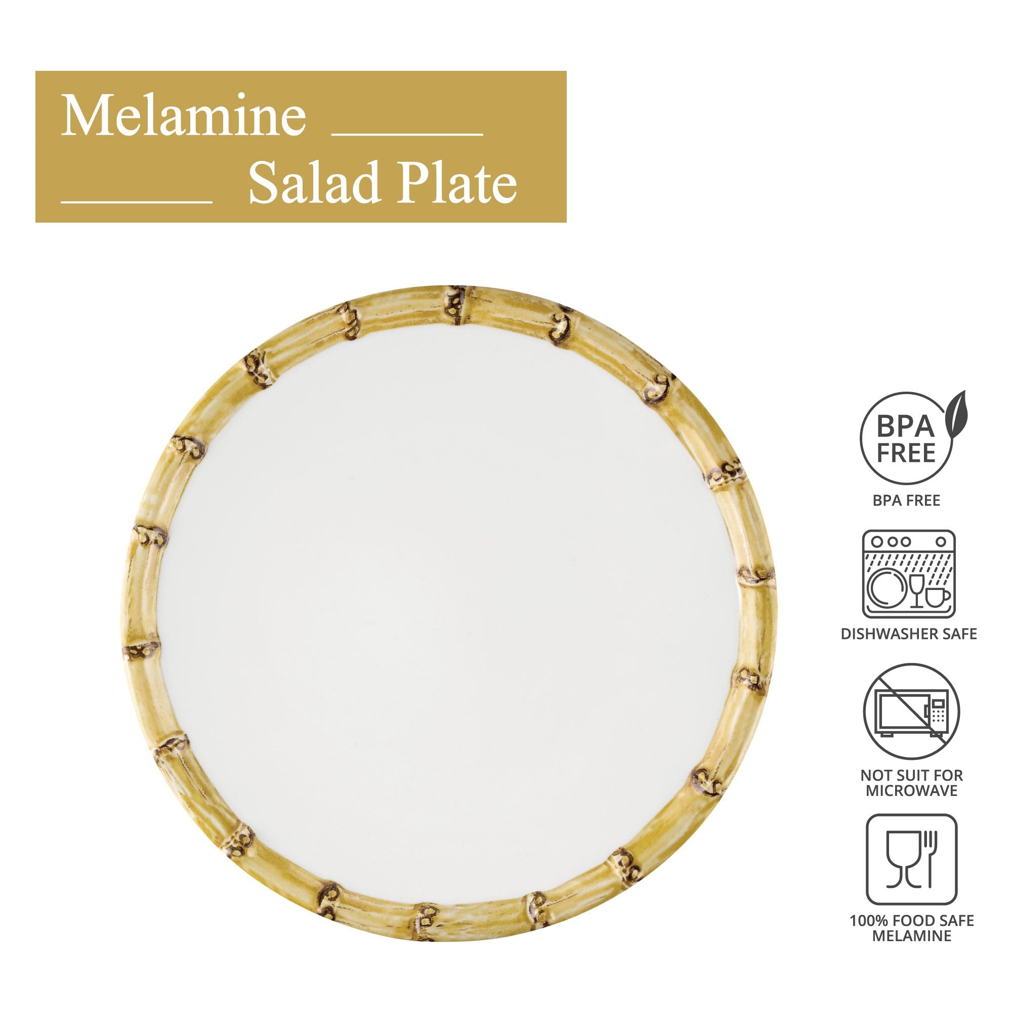 UP UPware - Set di 6 piatti rotondi in melamina di bambù, con bordo in bambù, per risotti, pasta e insalata, senza BPA, lavabili in lavastoviglie, colore bianco, 22,9 cm