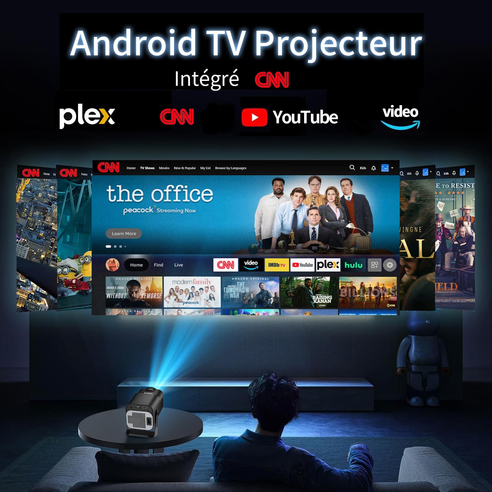 Vidéoprojecteur 4K 1080P Mini Projecteur avec WiFi 6 et Bluetooth 5.2 Projecteur Trapézoïdale Automatique, 270° RotationSupporte HDMI/TVStick/Memory Stick/Laptop, Noir